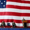 A large American flag graced the hanger as a ground ceremony was held. 